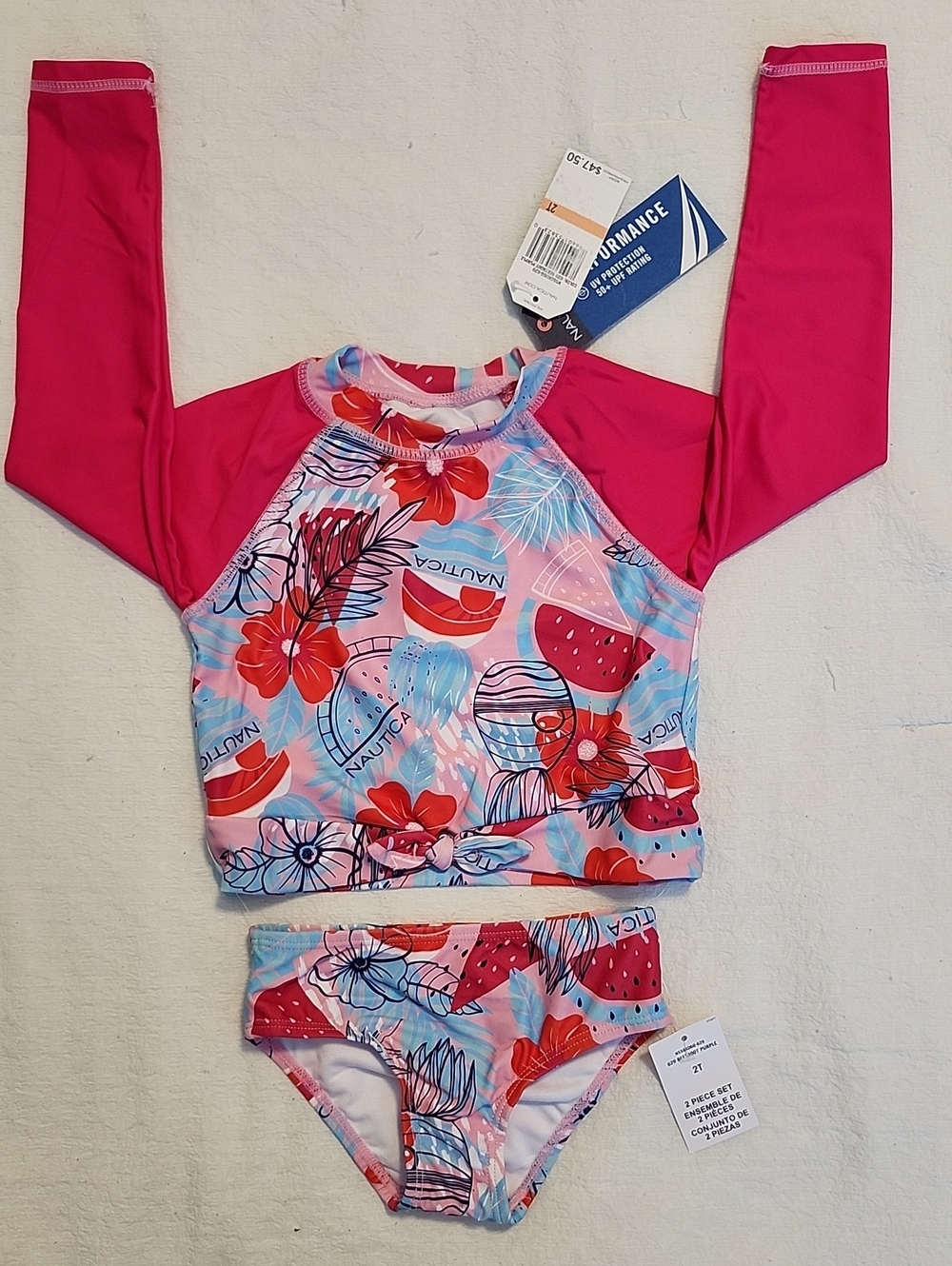 Nautica Girls Pink Floral Watermelon Rash Guard Two Piece Swimsuit Set 2T NWT